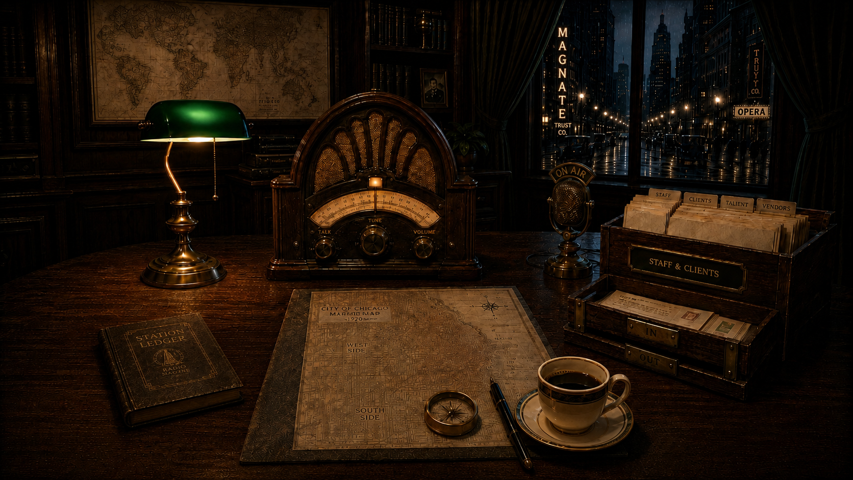 A richly detailed period office at night
